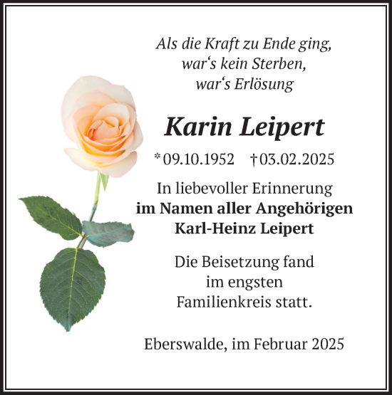 Traueranzeige von Karin Leipert von Märkische Oderzeitung