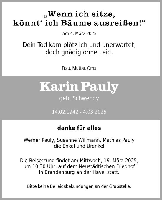 Traueranzeige von Karin Pauly von Märkische Oderzeitung