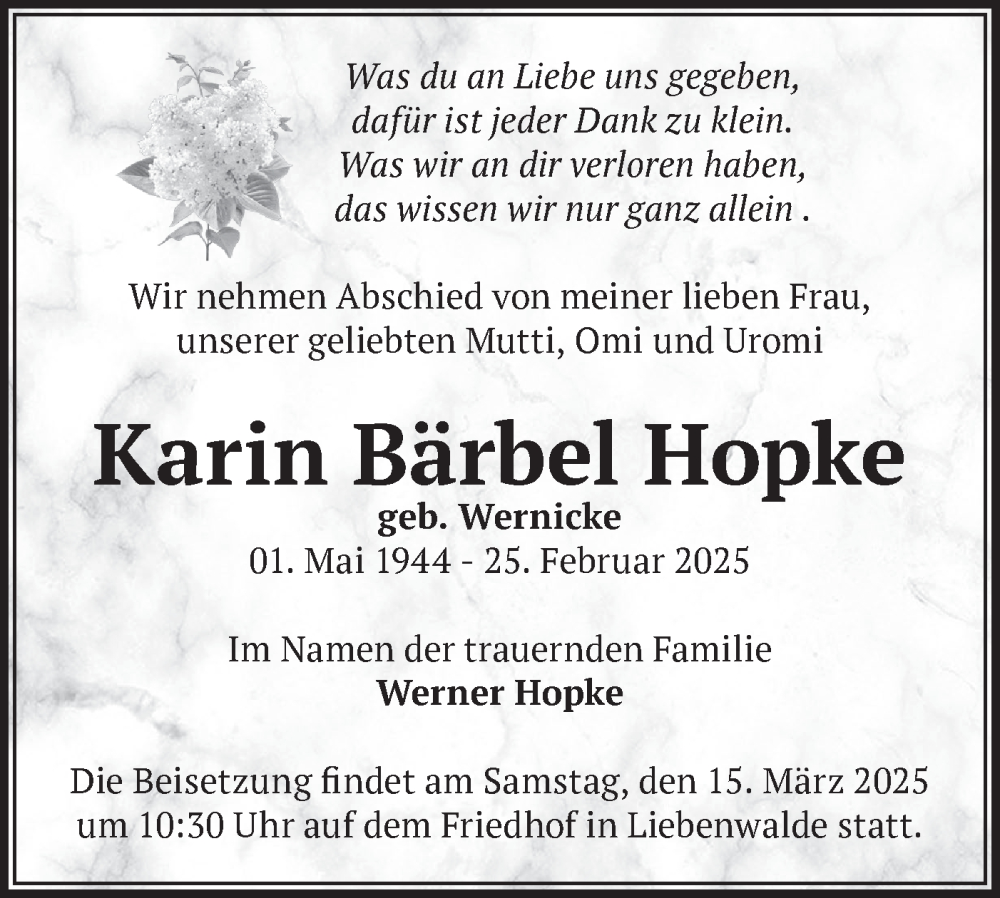  Traueranzeige für Karin Bärbel Hopke vom 08.03.2025 aus Märkische Oderzeitung