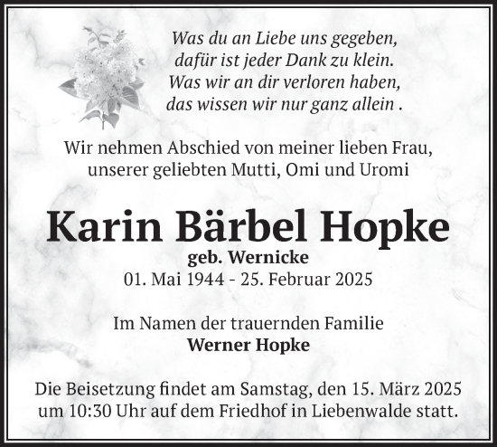 Traueranzeige von Karin Bärbel Hopke von Märkische Oderzeitung