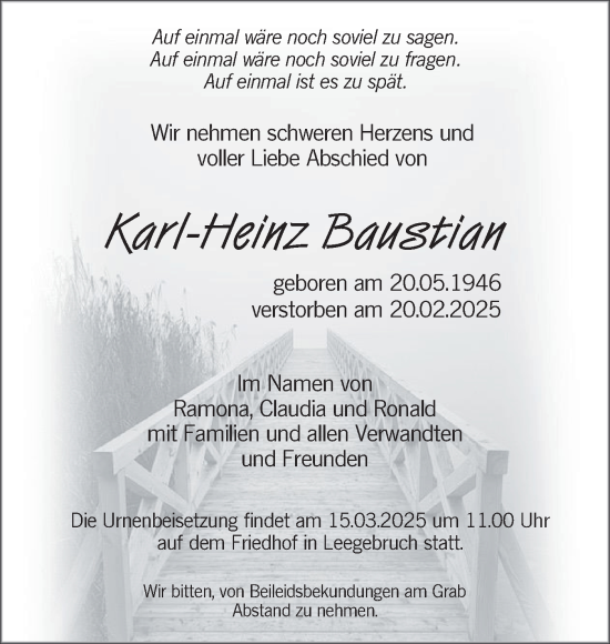 Traueranzeige von Karl-Heinz Baustian von Märkische Oderzeitung