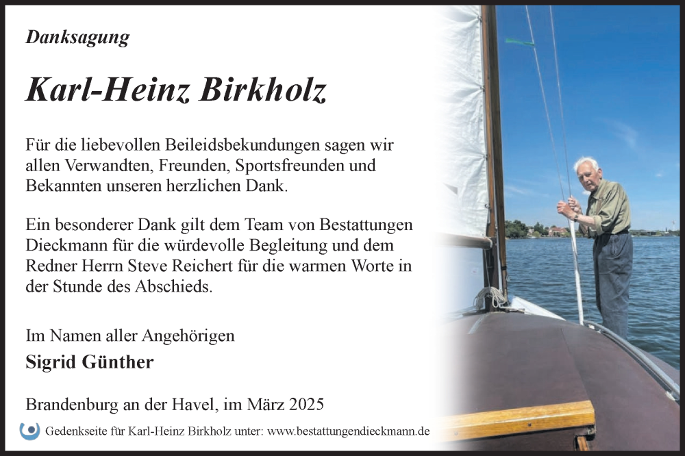 Traueranzeige für Karl-Heinz Birkholz vom 15.03.2025 aus Märkische Oderzeitung