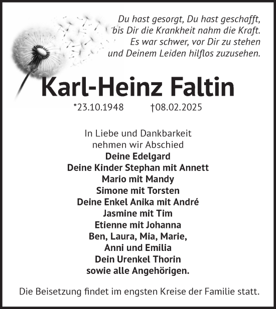 Traueranzeige von Karl-Heinz Faltin von Märkische Oderzeitung