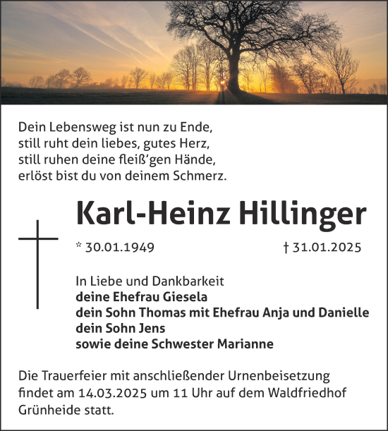 Traueranzeige von Karl-Heinz Hillinger von Märkische Oderzeitung