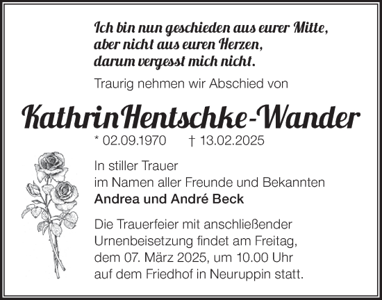 Traueranzeige von Kathrin Hentschke-Wander von Märkische Oderzeitung
