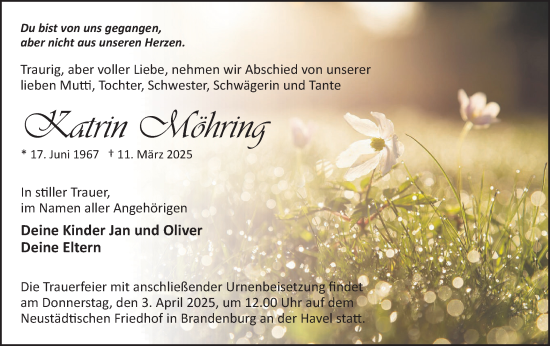 Traueranzeige von Katrin Möhring von Märkische Oderzeitung