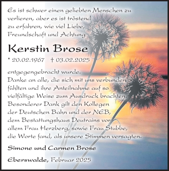 Traueranzeige von Kerstin Brose von Märkische Oderzeitung