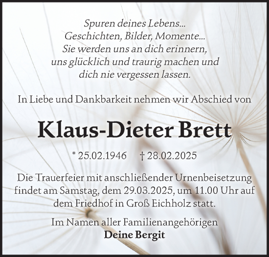 Traueranzeige von Klaus-Dieter Brett von Märkische Oderzeitung