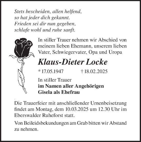 Traueranzeige von Klaus-Dieter Locke von Märkische Oderzeitung