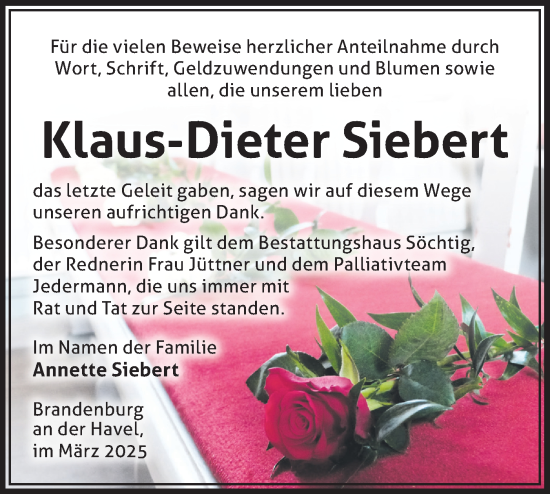 Traueranzeige von Klaus-Dieter Siebert von Märkische Oderzeitung