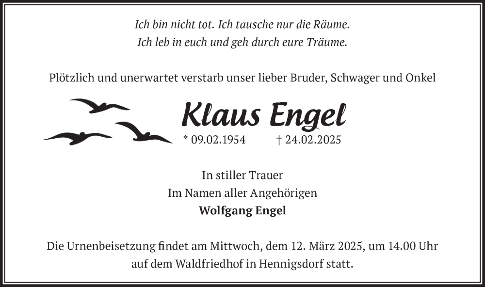  Traueranzeige für Klaus Engel vom 01.03.2025 aus Märkische Oderzeitung