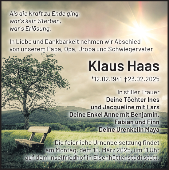 Traueranzeige von Klaus Haas von Märkische Oderzeitung
