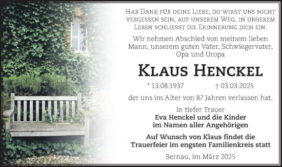 Traueranzeige von Klaus Henckel von Märkische Oderzeitung