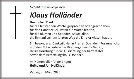 Traueranzeige von Klaus Holländer von Märkische Oderzeitung