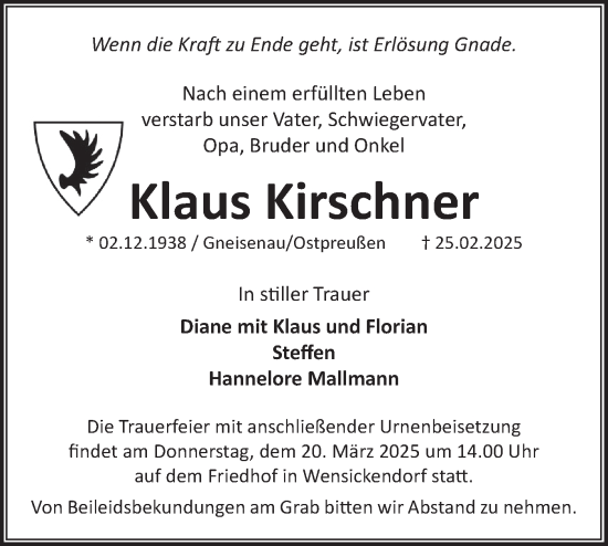 Traueranzeige von Klaus Kirschner von Märkische Oderzeitung
