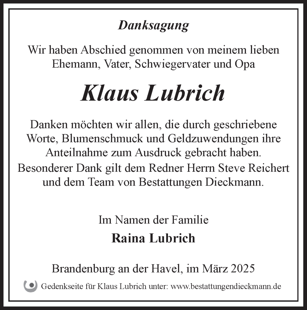  Traueranzeige für Klaus Lubrich vom 22.03.2025 aus Märkische Oderzeitung