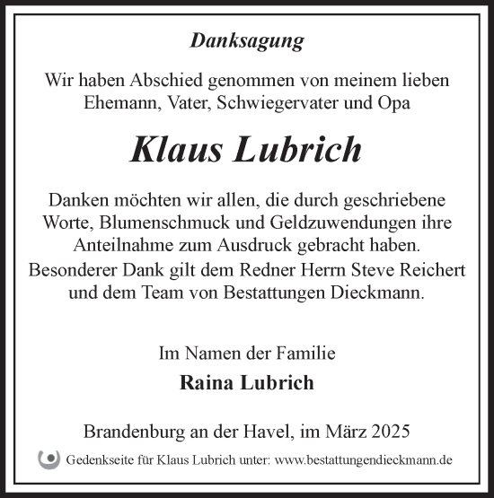 Traueranzeige von Klaus Lubrich von Märkische Oderzeitung