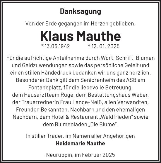 Traueranzeige von Klaus Mauthe von Märkische Oderzeitung