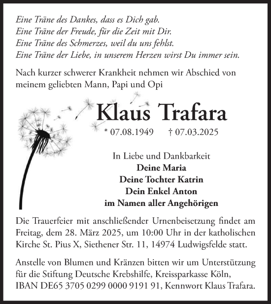 Traueranzeige von Klaus Trafara von Märkische Oderzeitung
