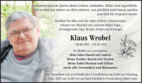 Traueranzeige von Klaus Wrobel von Märkische Oderzeitung