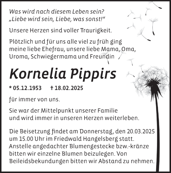 Traueranzeige von Kornelia Pippirs von Märkische Oderzeitung