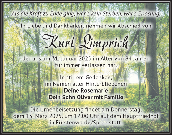 Traueranzeige von Kurt Limprich von Märkische Oderzeitung