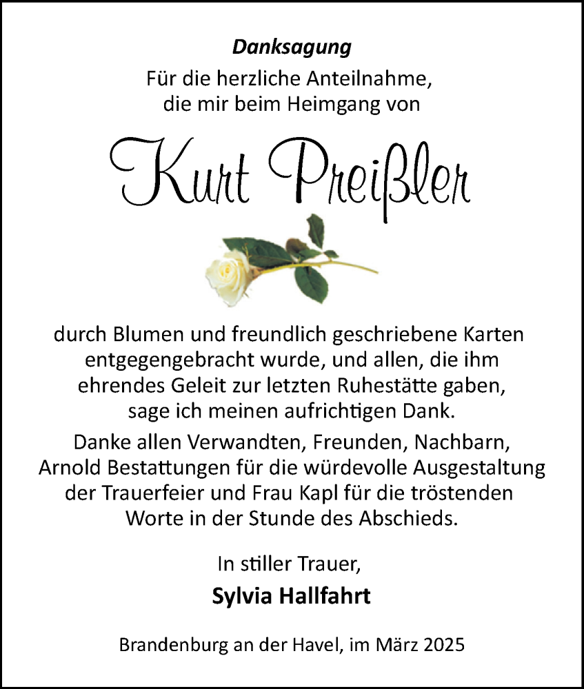  Traueranzeige für Kurt Preißler vom 22.03.2025 aus Märkische Oderzeitung