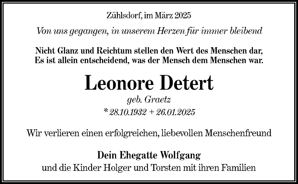  Traueranzeige für Leonore Detert vom 07.03.2025 aus Märkische Oderzeitung