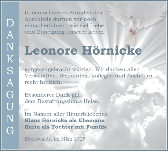 Traueranzeige von Leonore Hörnicke von Märkische Oderzeitung