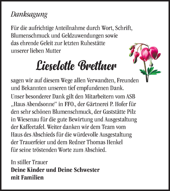Traueranzeige von Lieselotte Brettner von Märkische Oderzeitung
