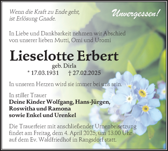 Traueranzeige von Lieselotte Erbert von Märkische Oderzeitung