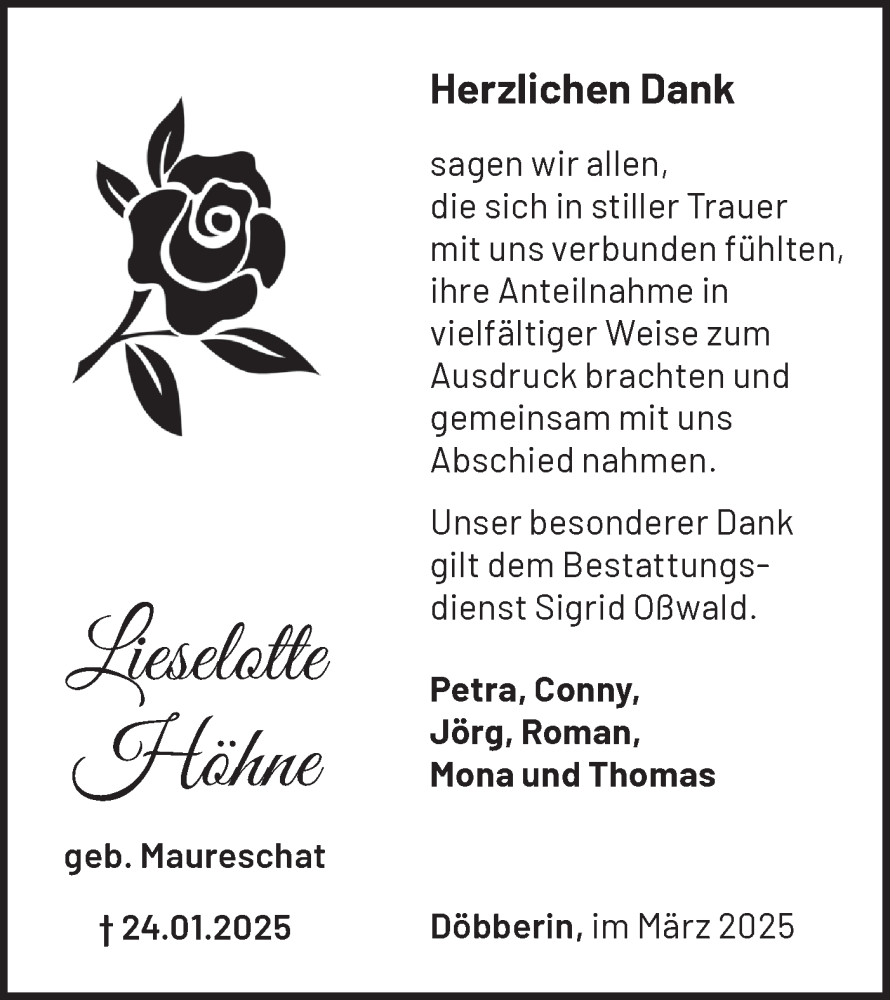  Traueranzeige für Lieselotte Höhne vom 15.03.2025 aus Märkische Oderzeitung