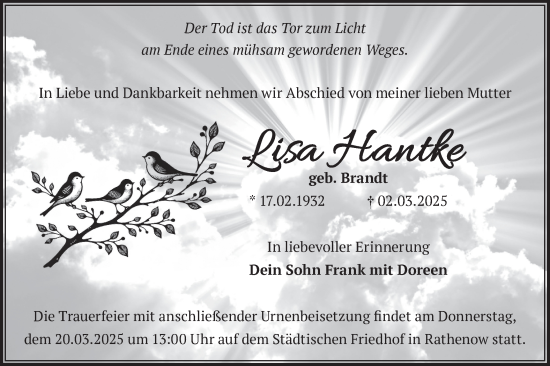 Traueranzeige von Lisa Hantke von Märkische Oderzeitung