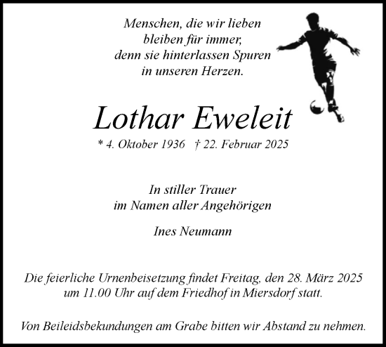 Traueranzeige von Lothar Eweleit von Märkische Oderzeitung
