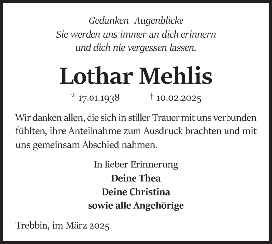 Traueranzeige von Lothar Mehlis von Märkische Oderzeitung