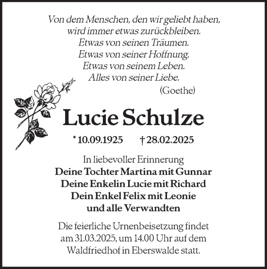 Traueranzeige von Lucie Schulze von Märkische Oderzeitung