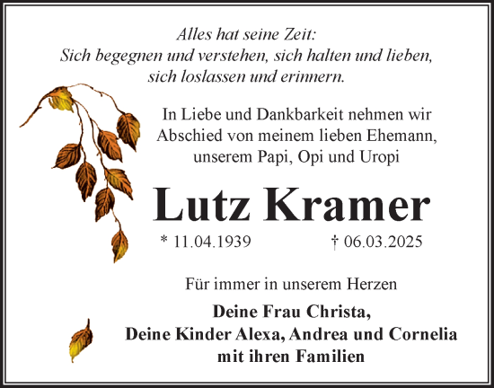 Traueranzeige von Lutz Kramer von Märkische Oderzeitung