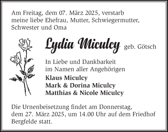 Traueranzeige von Lydia Miculcy von Märkische Oderzeitung