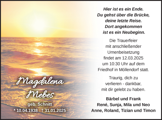 Traueranzeige von Magdalena Mebes von Märkische Oderzeitung