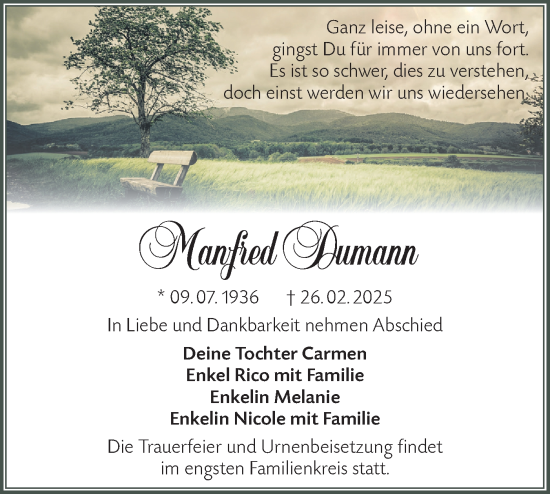 Traueranzeige von Manfred Dumann von Märkische Oderzeitung