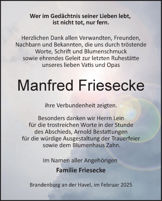 Traueranzeige von Manfred Friesecke von Märkische Oderzeitung