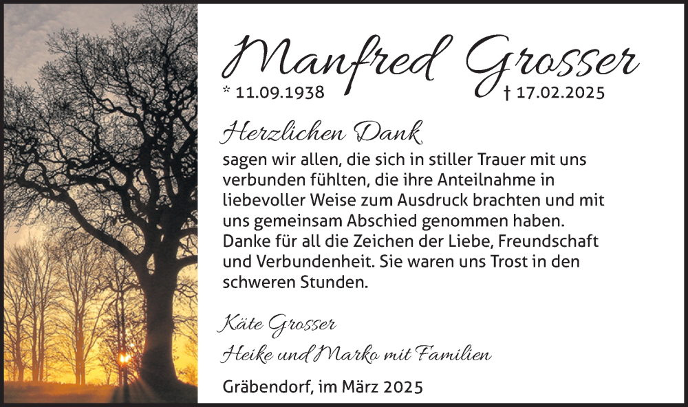  Traueranzeige für Manfred Grosser vom 29.03.2025 aus Märkische Oderzeitung