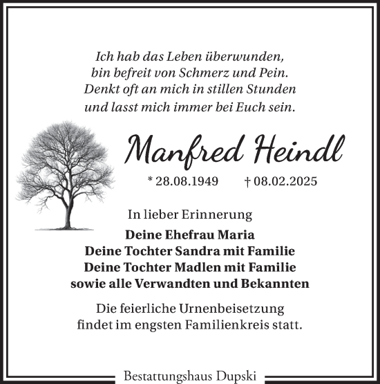 Traueranzeige von Manfred Heindl von Märkische Oderzeitung