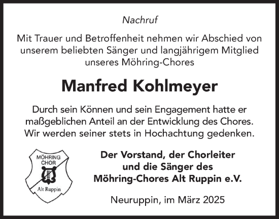 Traueranzeige von Manfred Kohlmeyer von Märkische Oderzeitung