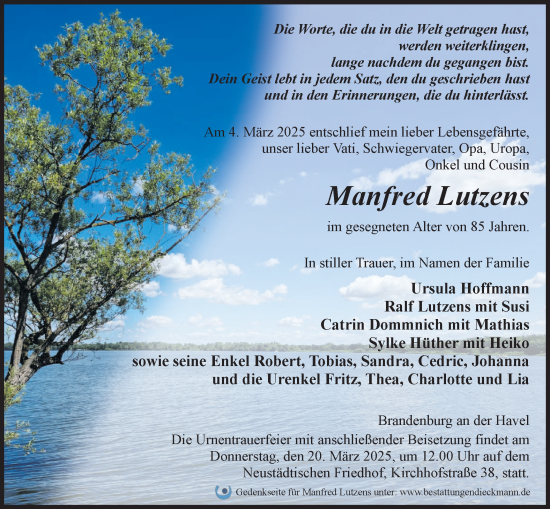 Traueranzeige von Manfred Lutzens von Märkische Oderzeitung