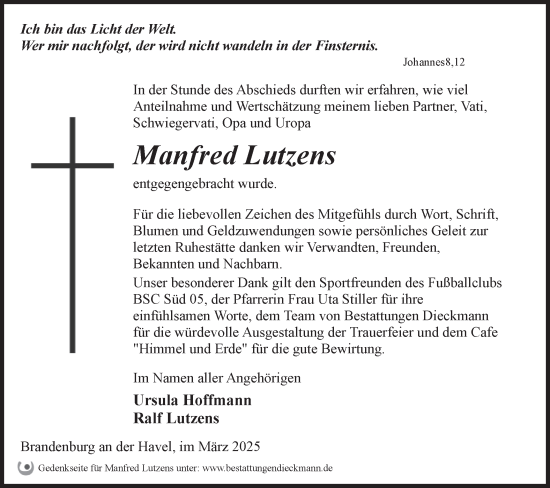Traueranzeige von Manfred Lutzens von Märkische Oderzeitung