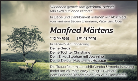 Traueranzeige von Manfred Märtens von Märkische Oderzeitung
