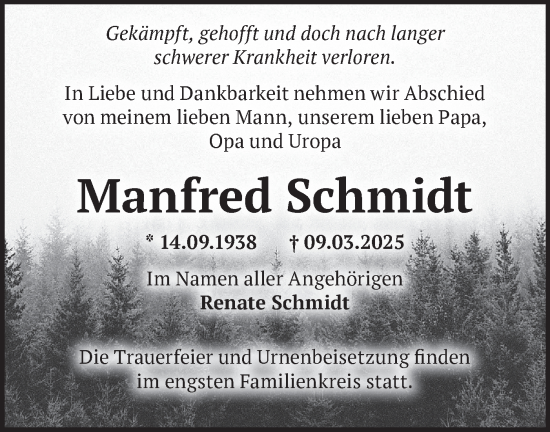 Traueranzeige von Manfred Schmidt von Märkische Oderzeitung
