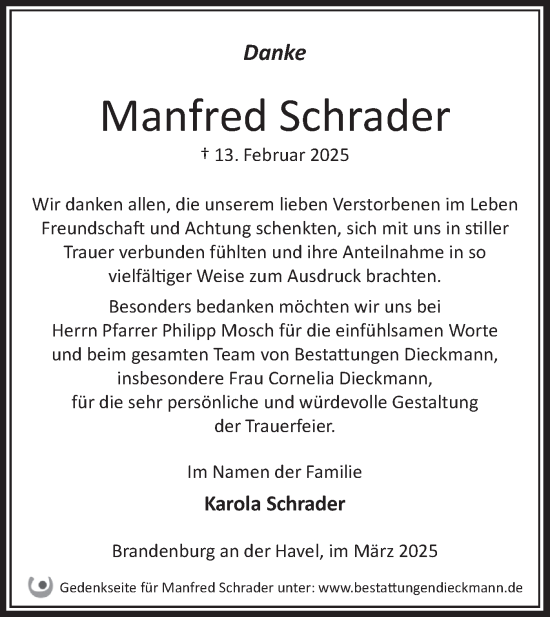 Traueranzeige von Manfred Schrader von Märkische Oderzeitung