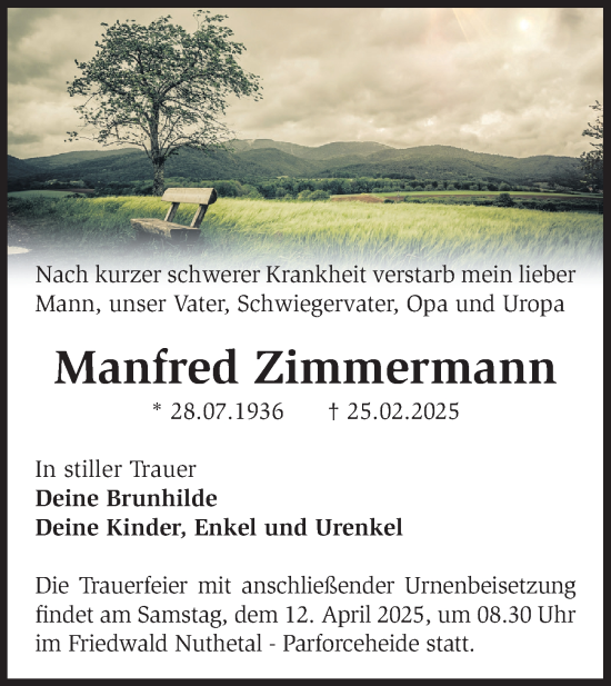 Traueranzeige von Manfred Zimmermann von Märkische Oderzeitung